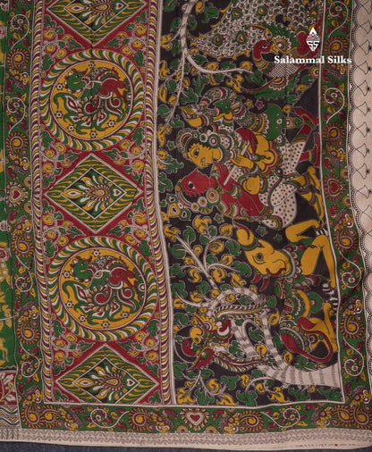 Green Pure Cotton Saree Kalamkari Design With Contrast Half White Blouse