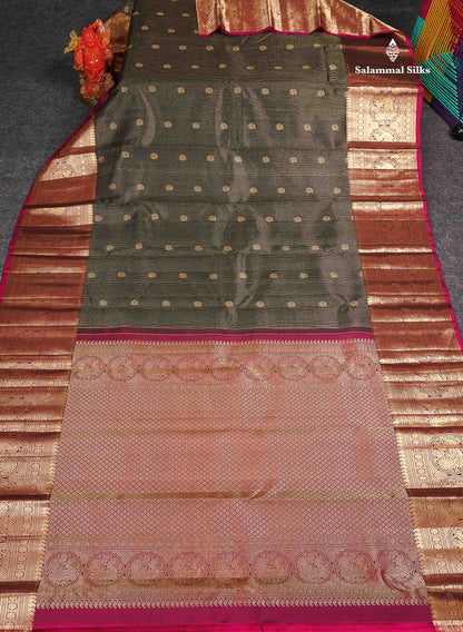 Pure Kanjivaram Silk Saree - Black Colour Body Vertical Lines With Butta & Magenta Long Border 