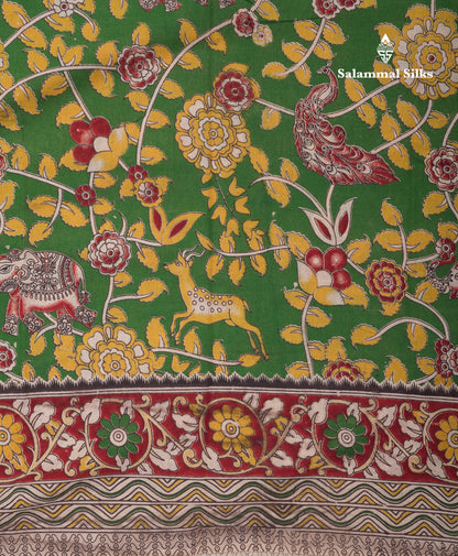 Green Pure Cotton Saree Kalamkari Design With Contrast Half White Blouse