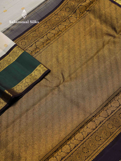 Korvai Beautiful Half White Pure Kanjivaram Silk Saree With Contrast Dark Brown Traditional Rettapet Border