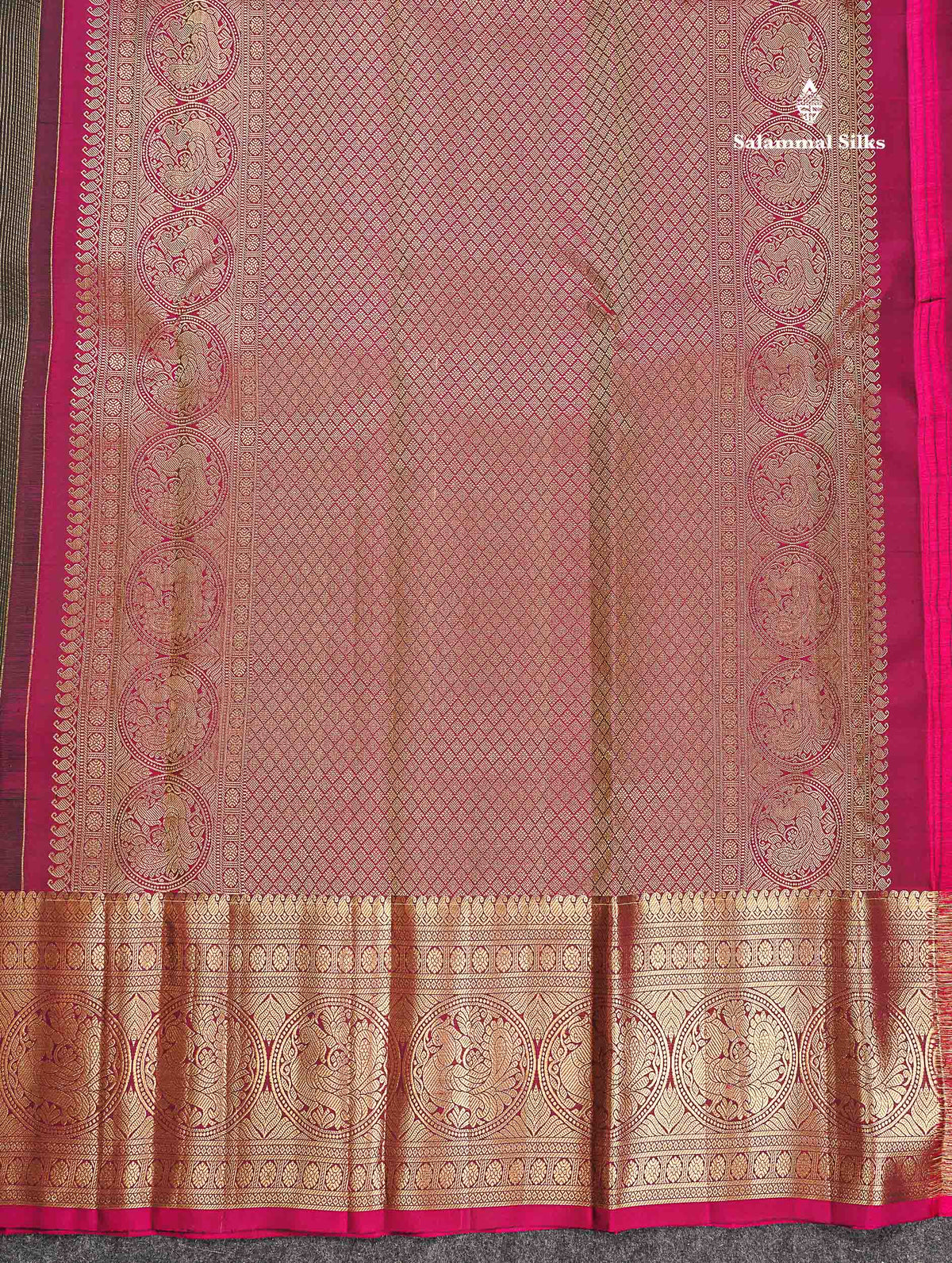 Pure Kanjivaram Silk Saree - Black Colour Body Vertical Lines With Butta & Magenta Long Border