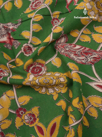 Green Pure Cotton Saree Kalamkari Design With Contrast Half White Blouse