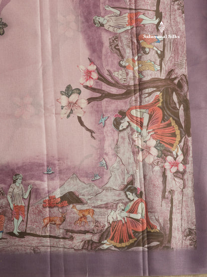 Sandal Printed Semi Tussar Saree With Village Theme Border