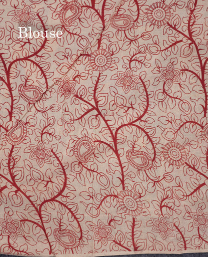Green Pure Cotton Saree Kalamkari Design With Contrast Half White Blouse