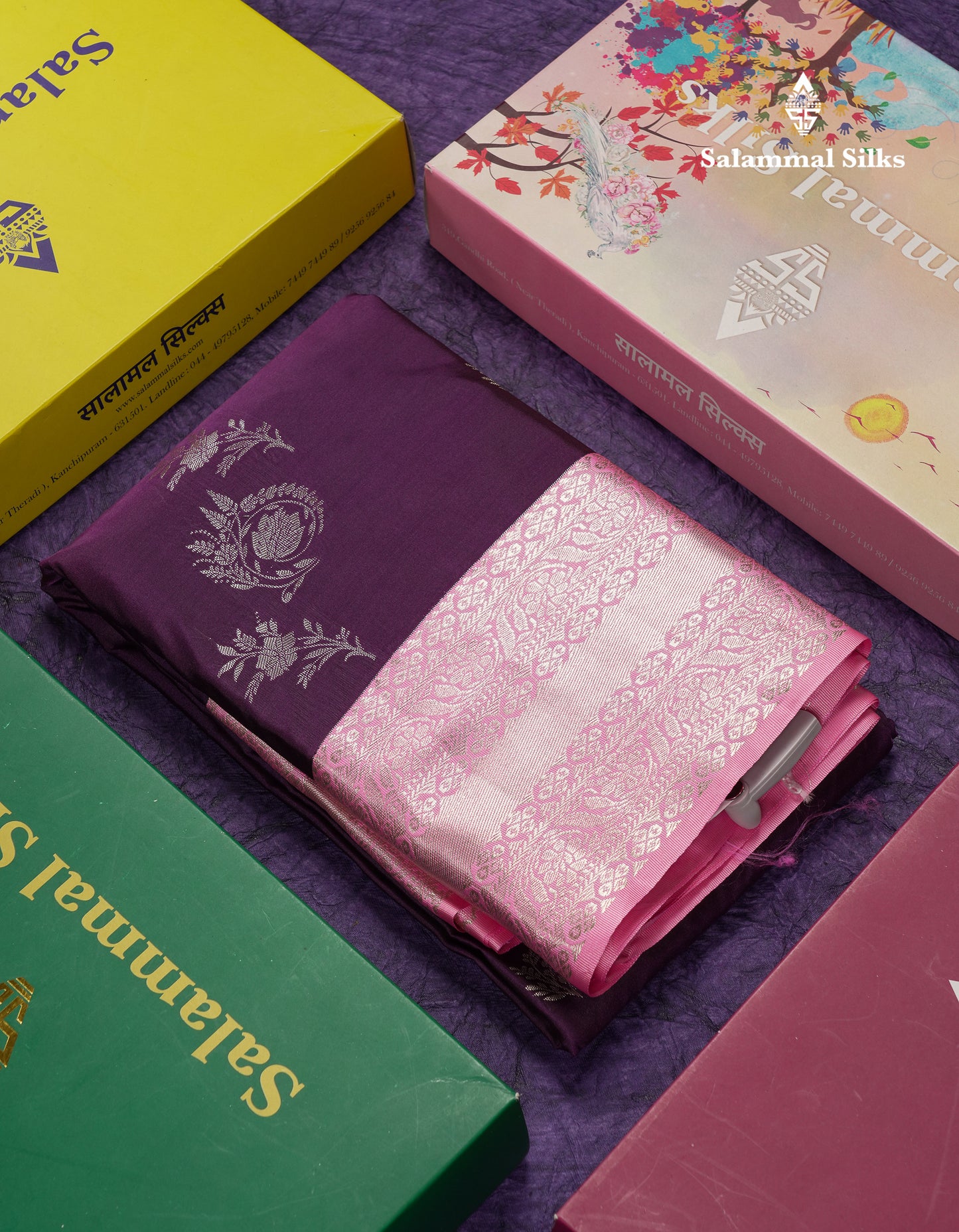 Beautiful Violet Semi Silk Saree With Contrast Baby Pink Traditional Border