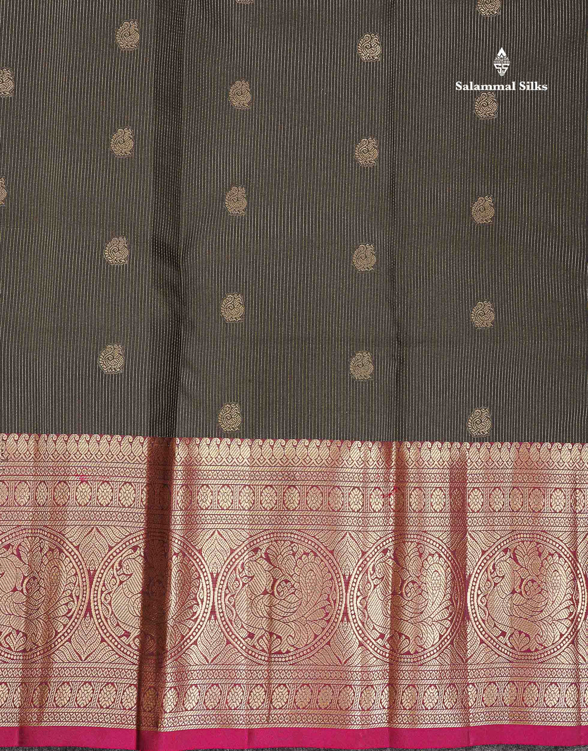 Pure Kanjivaram Silk Saree - Black Colour Body Vertical Lines With Butta & Magenta Long Border