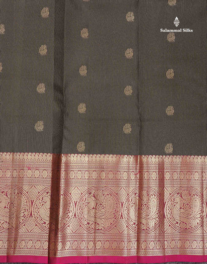 Pure Kanjivaram Silk Saree - Black Colour Body Vertical Lines With Butta & Magenta Long Border