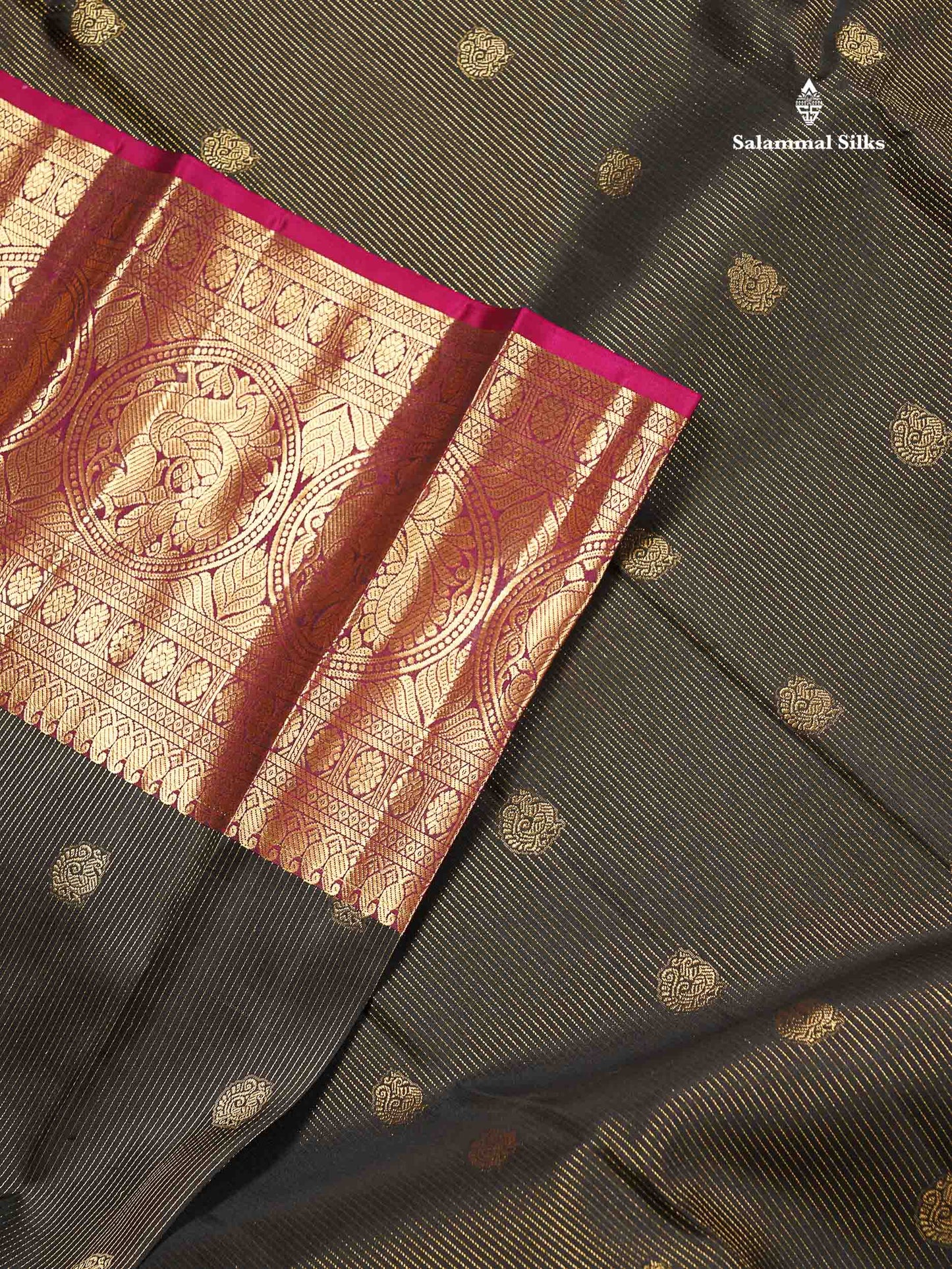 Pure Kanjivaram Silk Saree - Black Colour Body Vertical Lines With Butta & Magenta Long Border