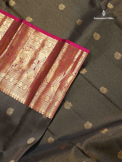 Pure Kanjivaram Silk Saree - Black Colour Body Vertical Lines With Butta & Magenta Long Border