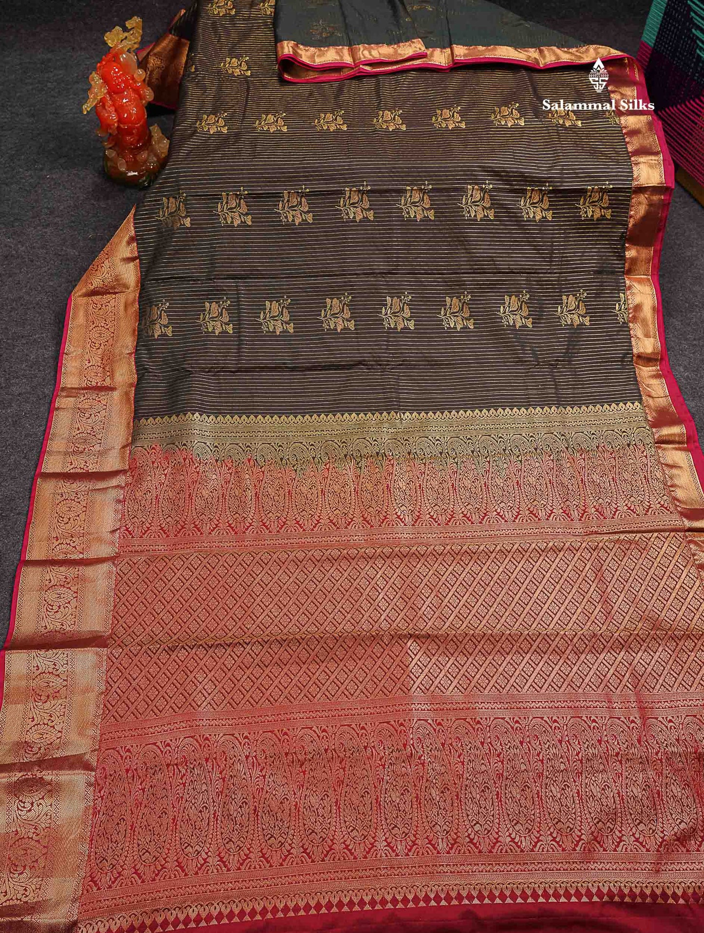 Beautiful Snuff Brown Zari Line With Butta Semi Silk Saree With Contrast  Maroon Traditional Evening Morning Border