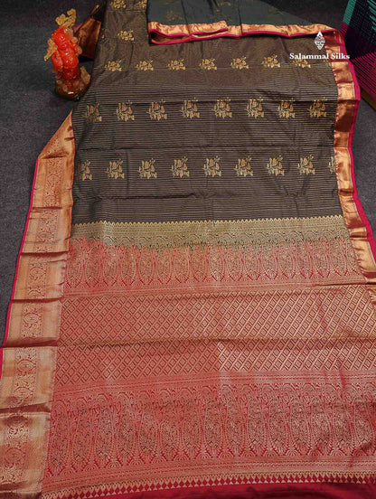 Beautiful Snuff Brown Zari Line With Butta Semi Silk Saree With Contrast  Maroon Traditional Evening Morning Border