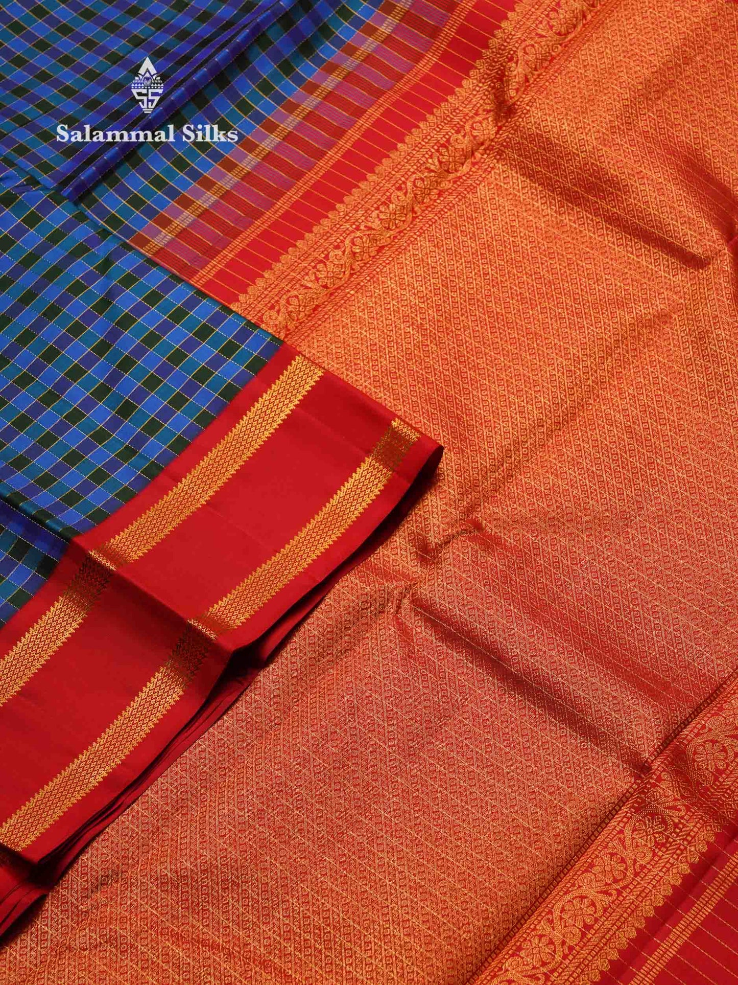 Korvai Beautiful Multicolour Small Checks Pure Kanjivaram Silk Saree With Contrast Chilly Red Rettapet Traditional Border