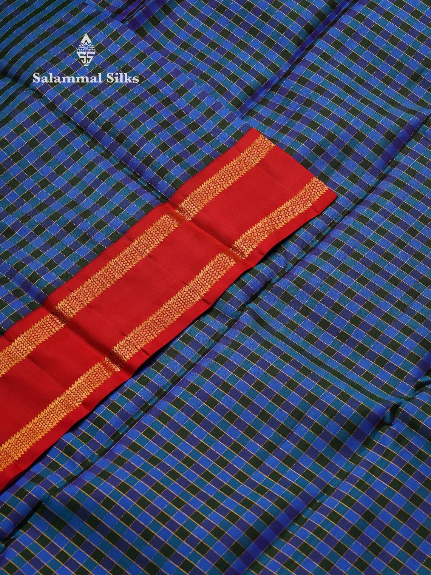 Korvai Beautiful Multicolour Small Checks Pure Kanjivaram Silk Saree With Contrast Chilly Red Rettapet Traditional Border