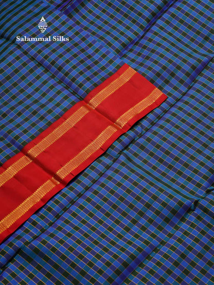 Korvai Beautiful Multicolour Small Checks Pure Kanjivaram Silk Saree With Contrast Chilly Red Rettapet Traditional Border