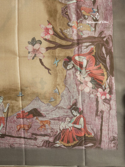 Sandal Printed Semi Tussar Saree With Village Theme Border