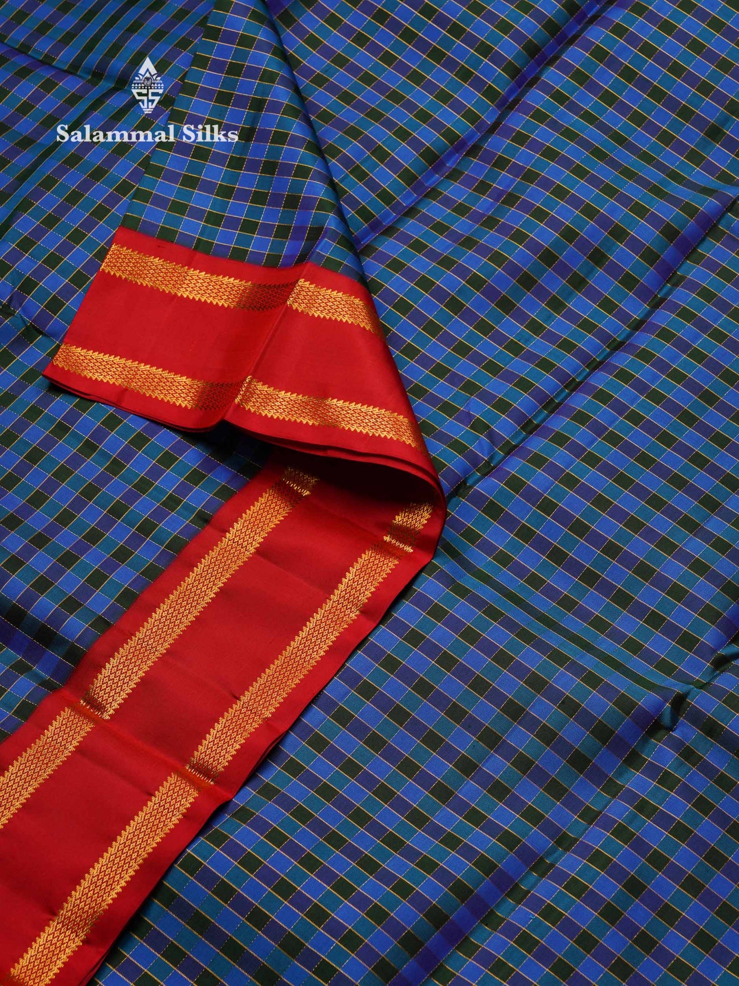 Korvai Beautiful Multicolour Small Checks Pure Kanjivaram Silk Saree With Contrast Chilly Red Rettapet Traditional Border