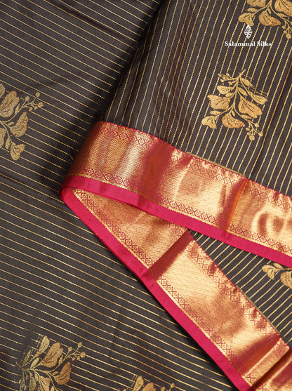 Beautiful Snuff Brown Zari Line With Butta Semi Silk Saree With Contrast  Maroon Traditional Evening Morning Border