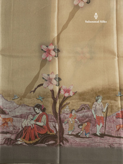 Sandal Printed Semi Tussar Saree With Village Theme Border