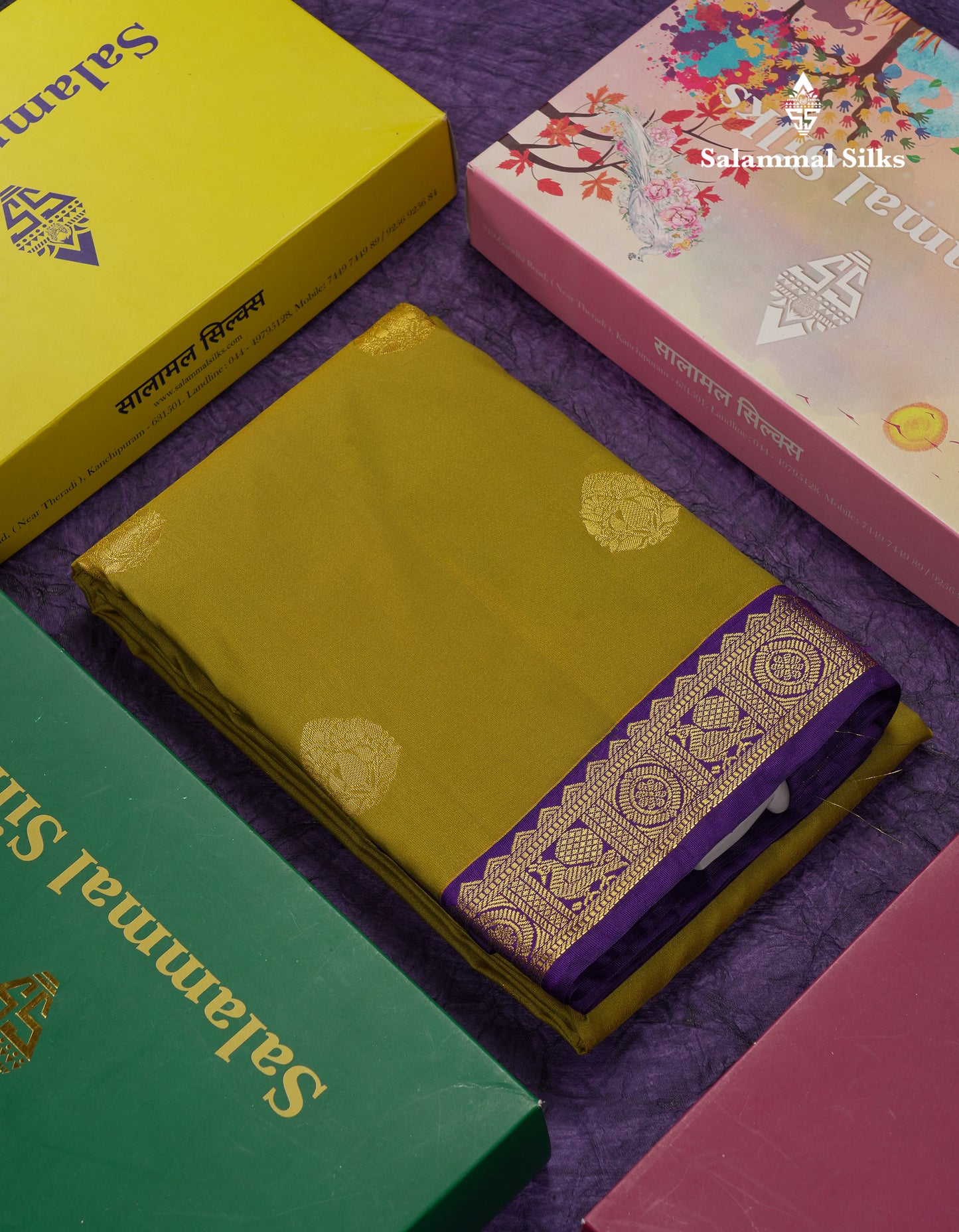 Beautiful Manthulir Yellow Semi Silk Saree With Contrast Violet Traditional Small Border