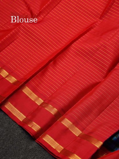 Korvai Beautiful Multicolour Small Checks Pure Kanjivaram Silk Saree With Contrast Chilly Red Rettapet Traditional Border