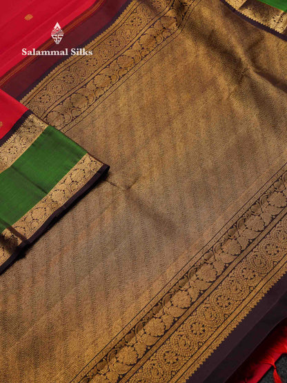 Beautiful Korvai Redish Pink Handloom Pure Silk Saree With Bottle Green & Dark Brown Traditional Double Border