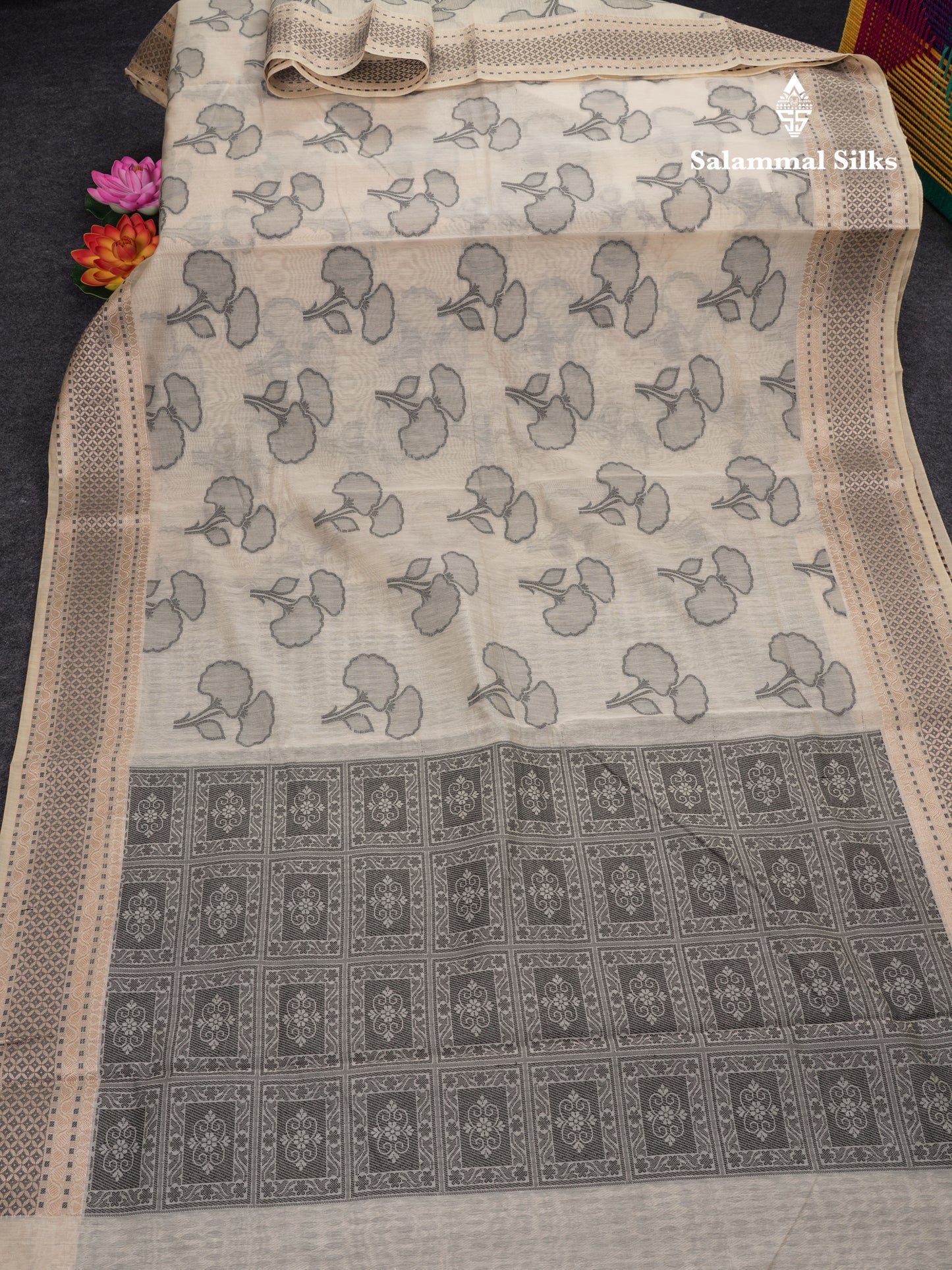 Fancy Cream Cotton Mix Saree With Contrast Black Designer Blouse
