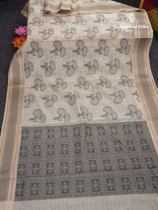 Fancy Cream Cotton Mix Saree With Contrast Black Designer Blouse