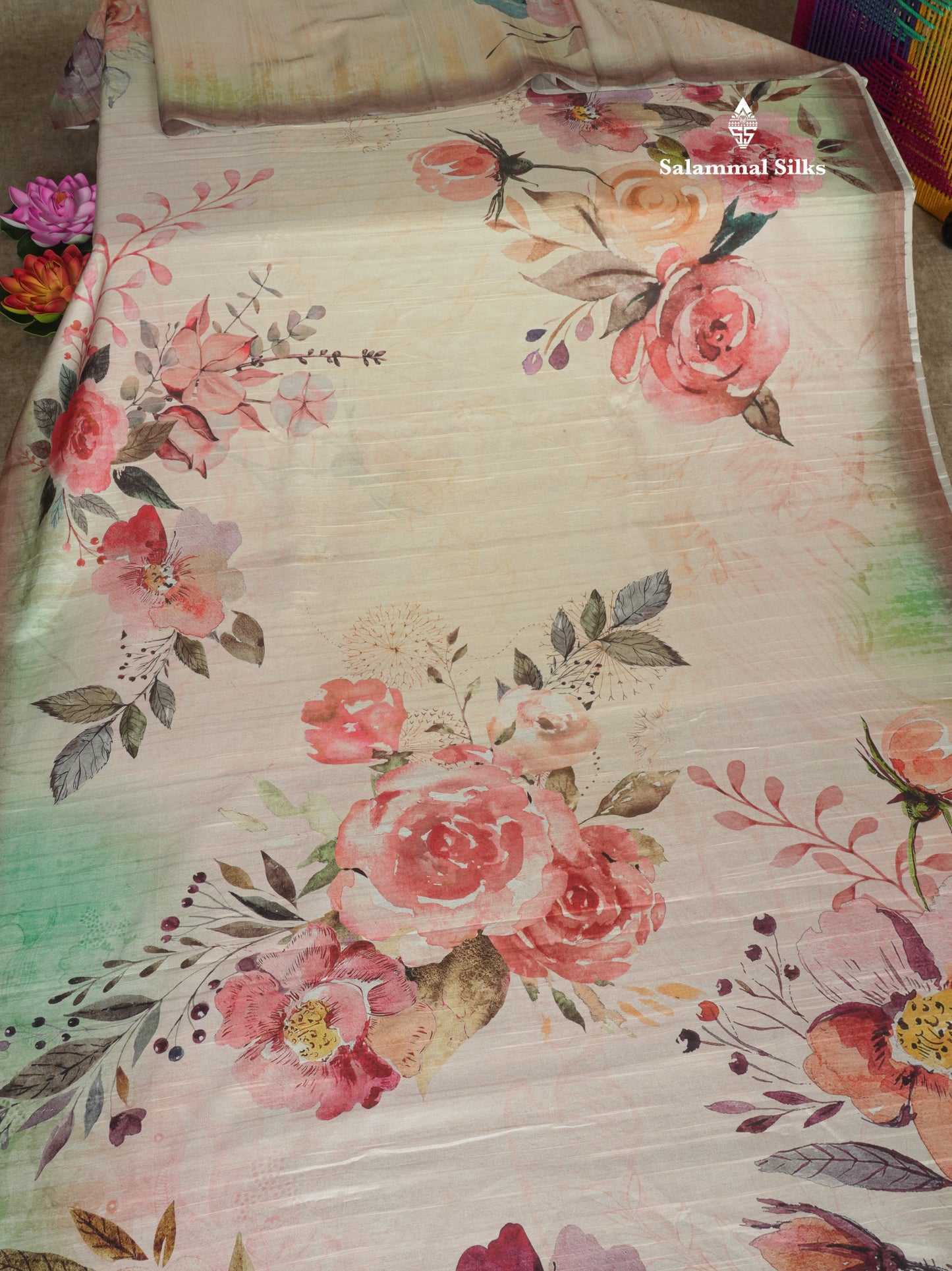 Light Pink Floral Printed Design Semi Tussar Saree With Contrast Blouse
