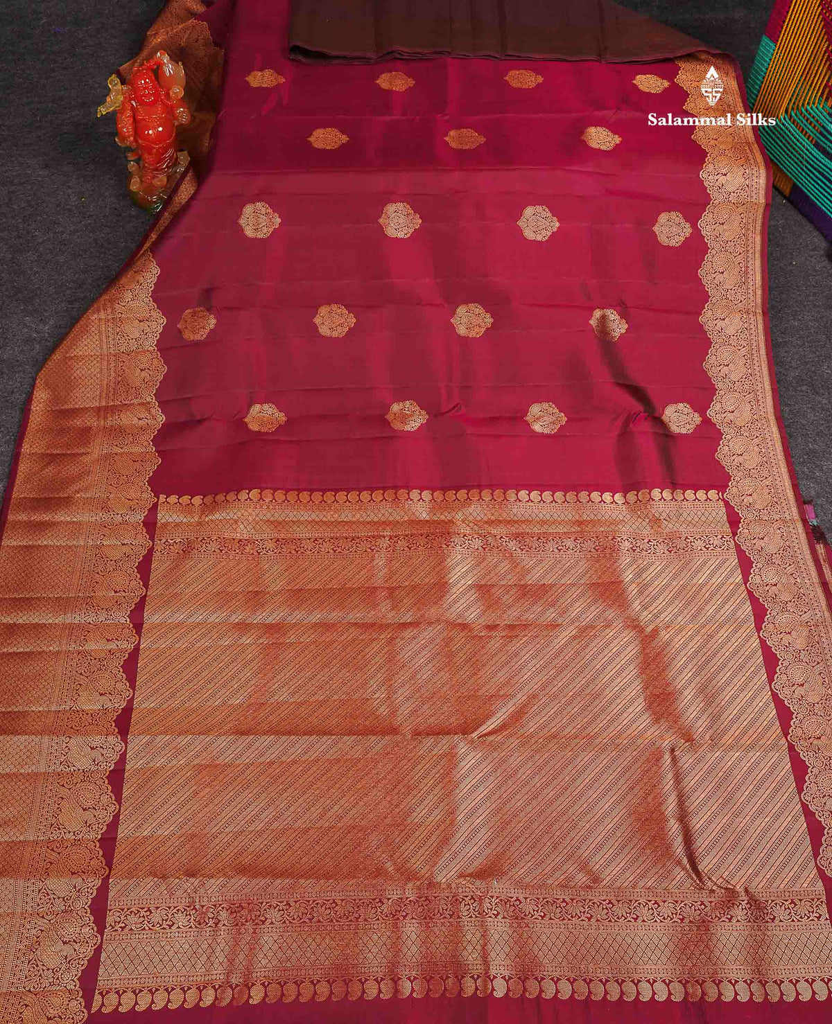 Pure Kanjivaram Silk Saree - Maroon Colour Body Butta With Turning Border