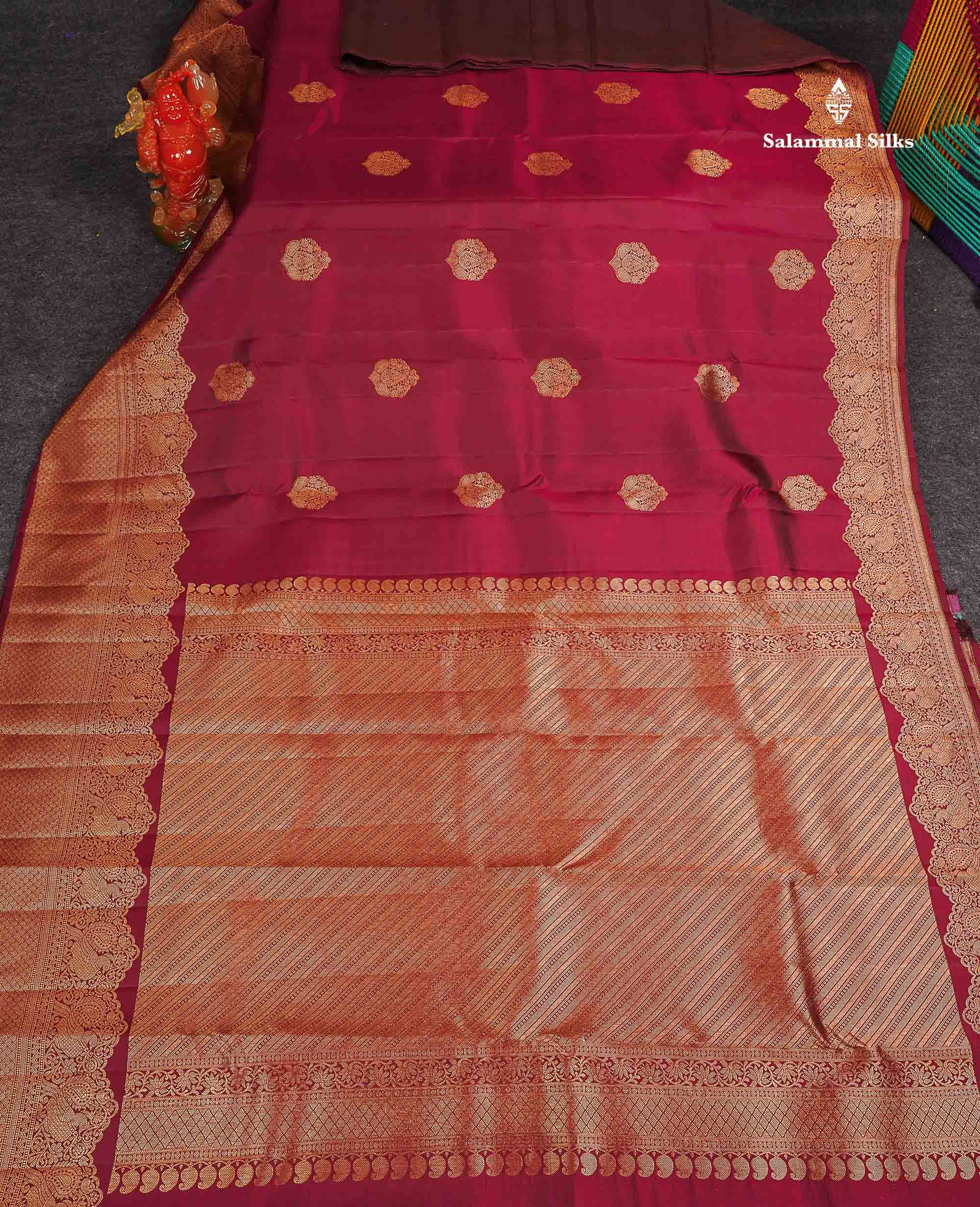 Pure Kanjivaram Silk Saree - Maroon Colour Body Butta With Turning Border