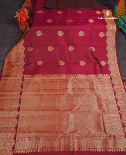 Pure Kanjivaram Silk Saree - Maroon Colour Body Butta With Turning Border