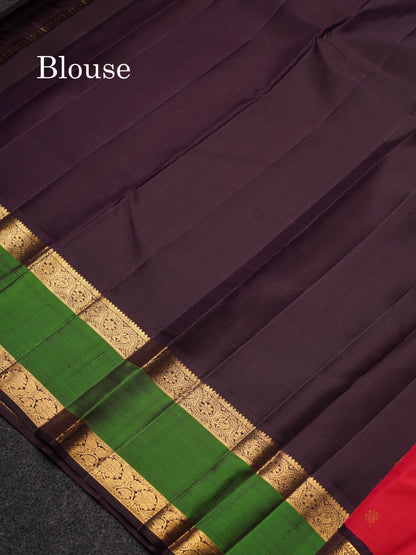 Beautiful Korvai Redish Pink Handloom Pure Silk Saree With Bottle Green & Dark Brown Traditional Double Border