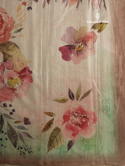 Light Pink Floral Printed Design Semi Tussar Saree With Contrast Blouse