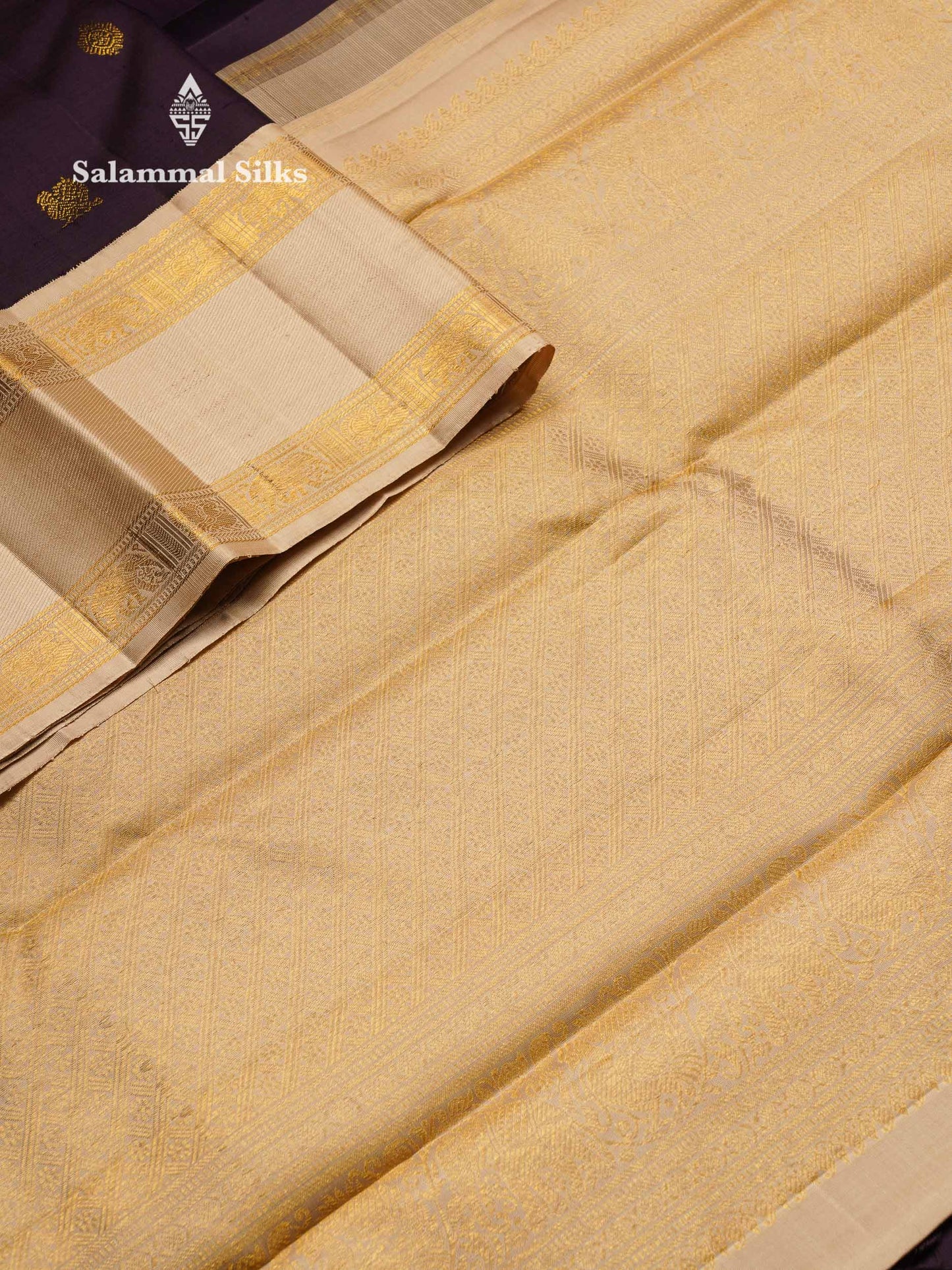 Korvai Beautiful Dark Violet Pure Kanjivaram Silk Saree With Contrast Sandal Traditional Rettapet Border