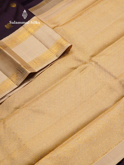 Korvai Beautiful Dark Violet Pure Kanjivaram Silk Saree With Contrast Sandal Traditional Rettapet Border