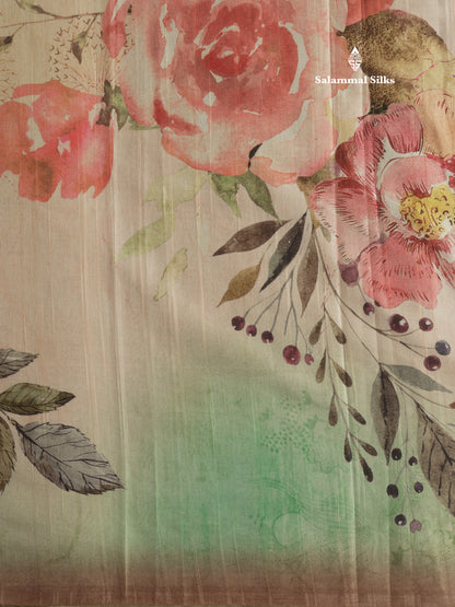 Light Pink Floral Printed Design Semi Tussar Saree With Contrast Blouse