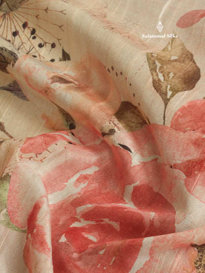 Light Pink Floral Printed Design Semi Tussar Saree With Contrast Blouse
