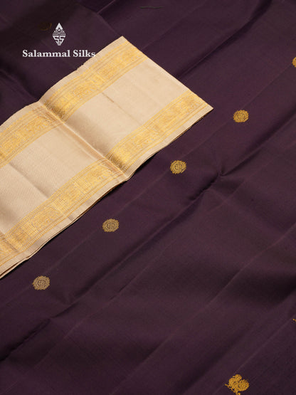 Korvai Beautiful Dark Violet Pure Kanjivaram Silk Saree With Contrast Sandal Traditional Rettapet Border