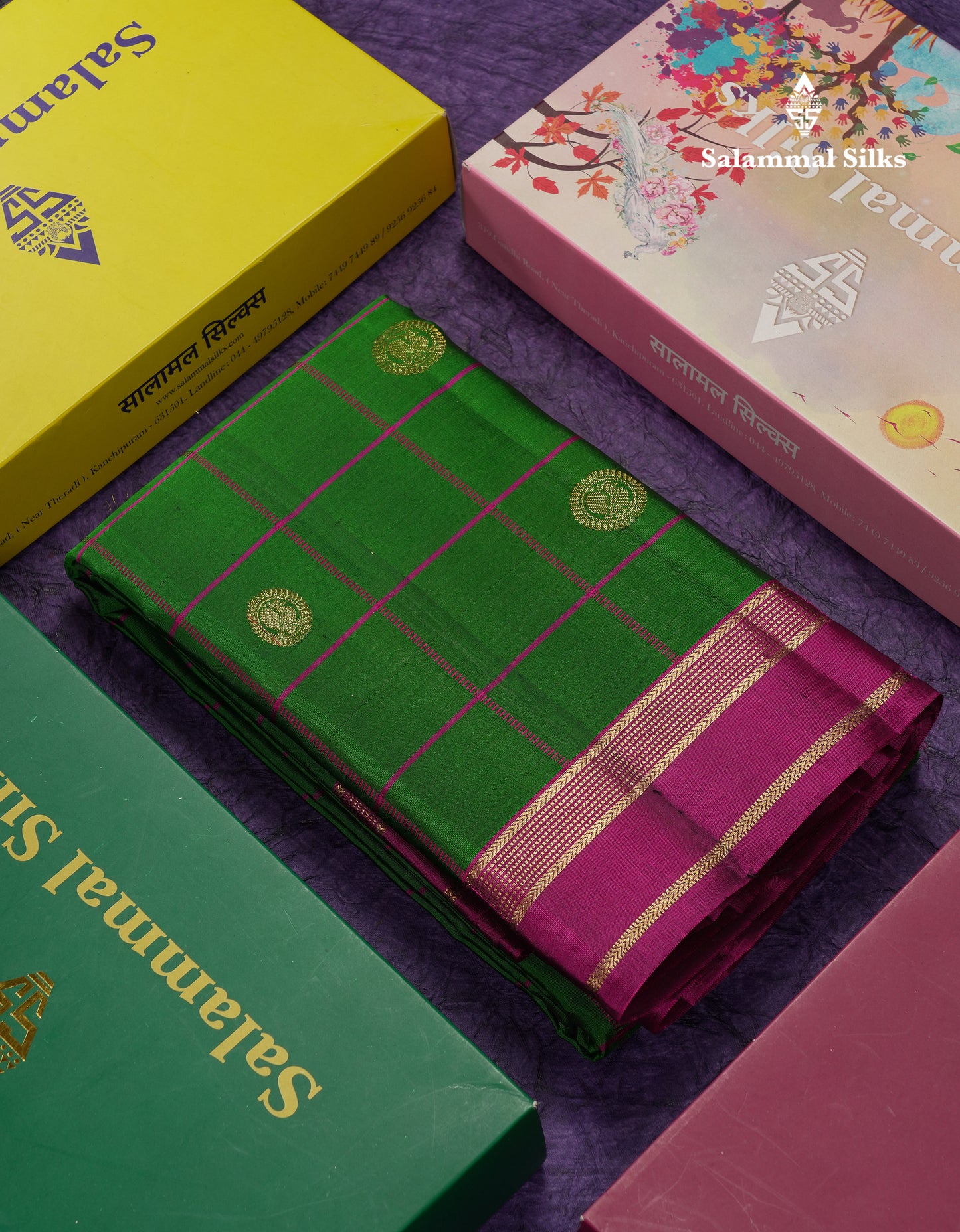 Beautiful Bottle Green Checks With Butta Pure Kanjivaram Silk Saree With Contrast Magenta Traditional Medium Gap Border