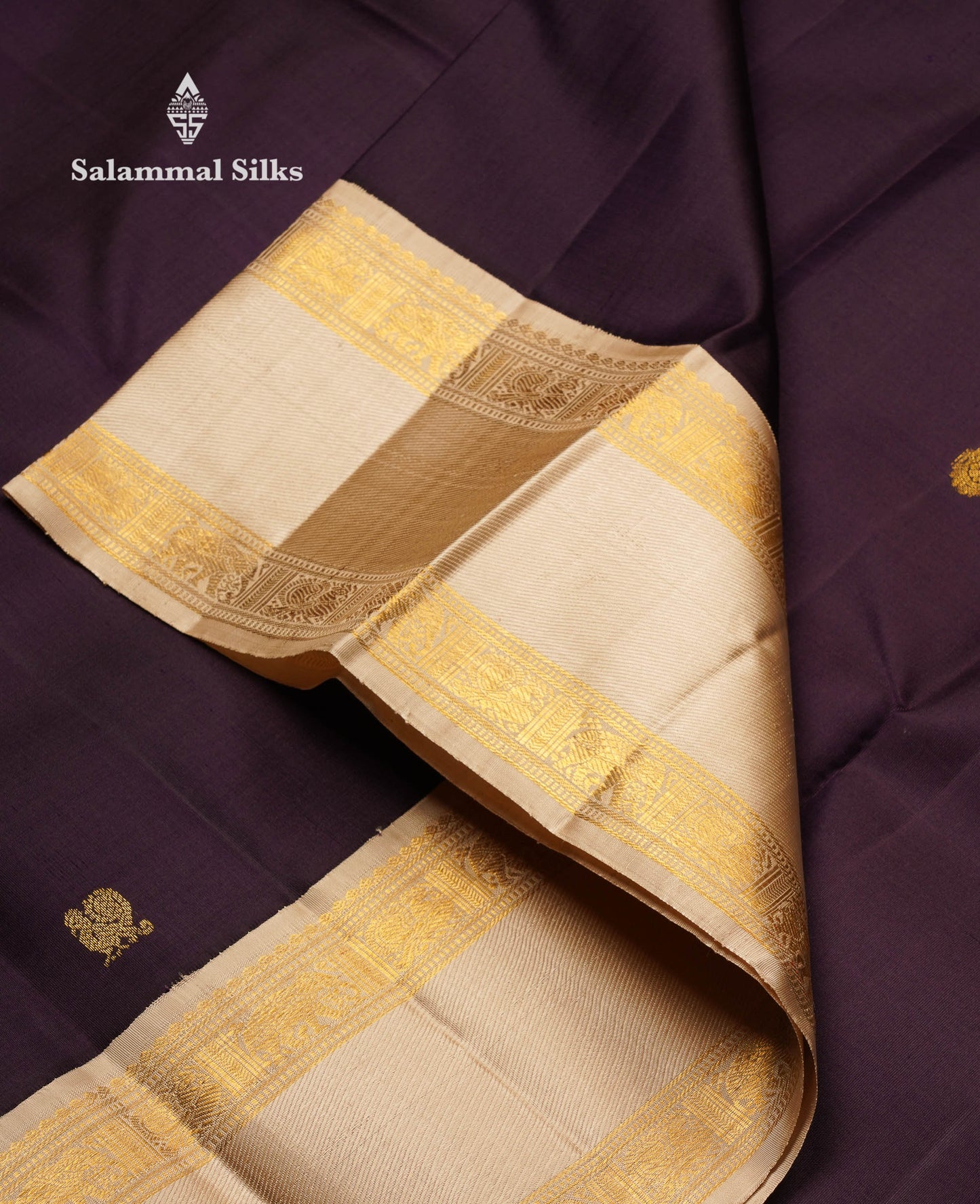 Korvai Beautiful Dark Violet Pure Kanjivaram Silk Saree With Contrast Sandal Traditional Rettapet Border