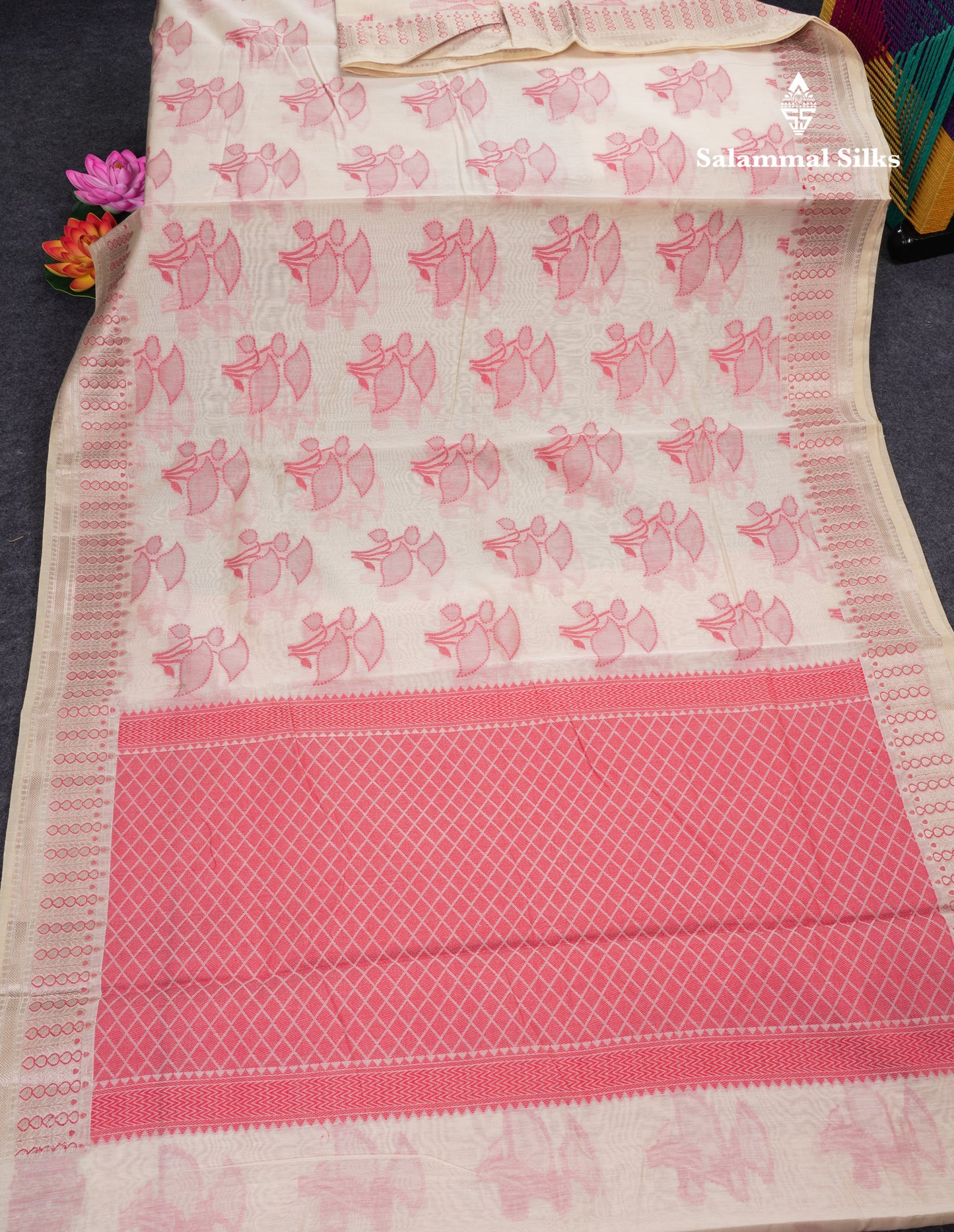 Fancy Cream Cotton Mix Saree With Contrast Black Designer Blouse