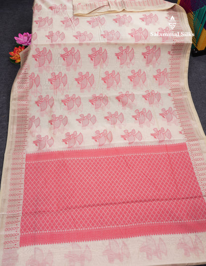 Fancy Cream Cotton Mix Saree With Contrast Black Designer Blouse