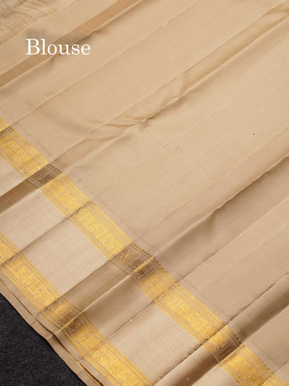 Korvai Beautiful Dark Violet Pure Kanjivaram Silk Saree With Contrast Sandal Traditional Rettapet Border