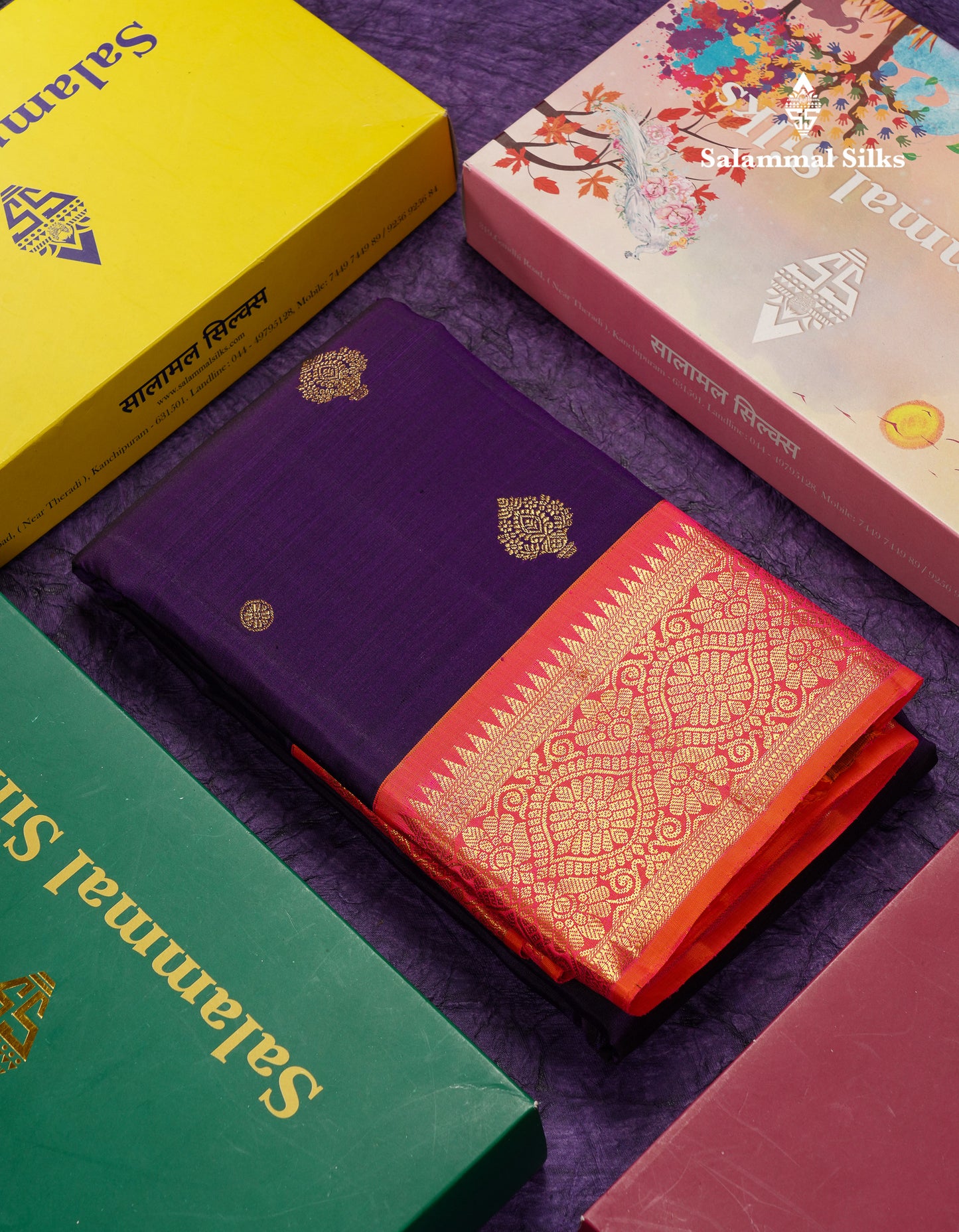 Beautiful Korvai Violet Pure Kanjivaram Silk Saree With Contrast Dual Tone Pinkish Orange Traditional Border