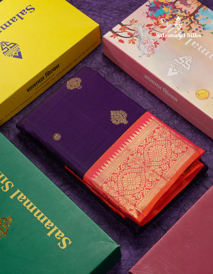 Beautiful Korvai Violet Pure Kanjivaram Silk Saree With Contrast Dual Tone Pinkish Orange Traditional Border