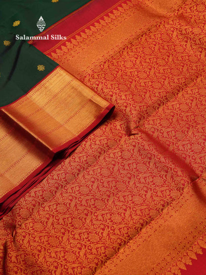 Korvai Beautiful Bottle Green Pure Kanjivaram Silk Saree With Contrast Maroon Traditional Border