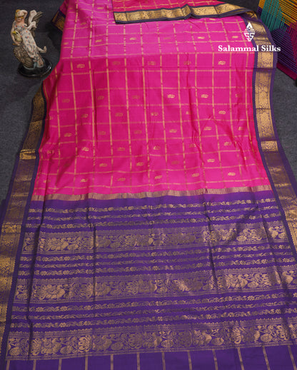 Magenta Pink  Beautiful Kattam Butta Semi Silk Cotton Saree With Violet Traditional Korvai Border