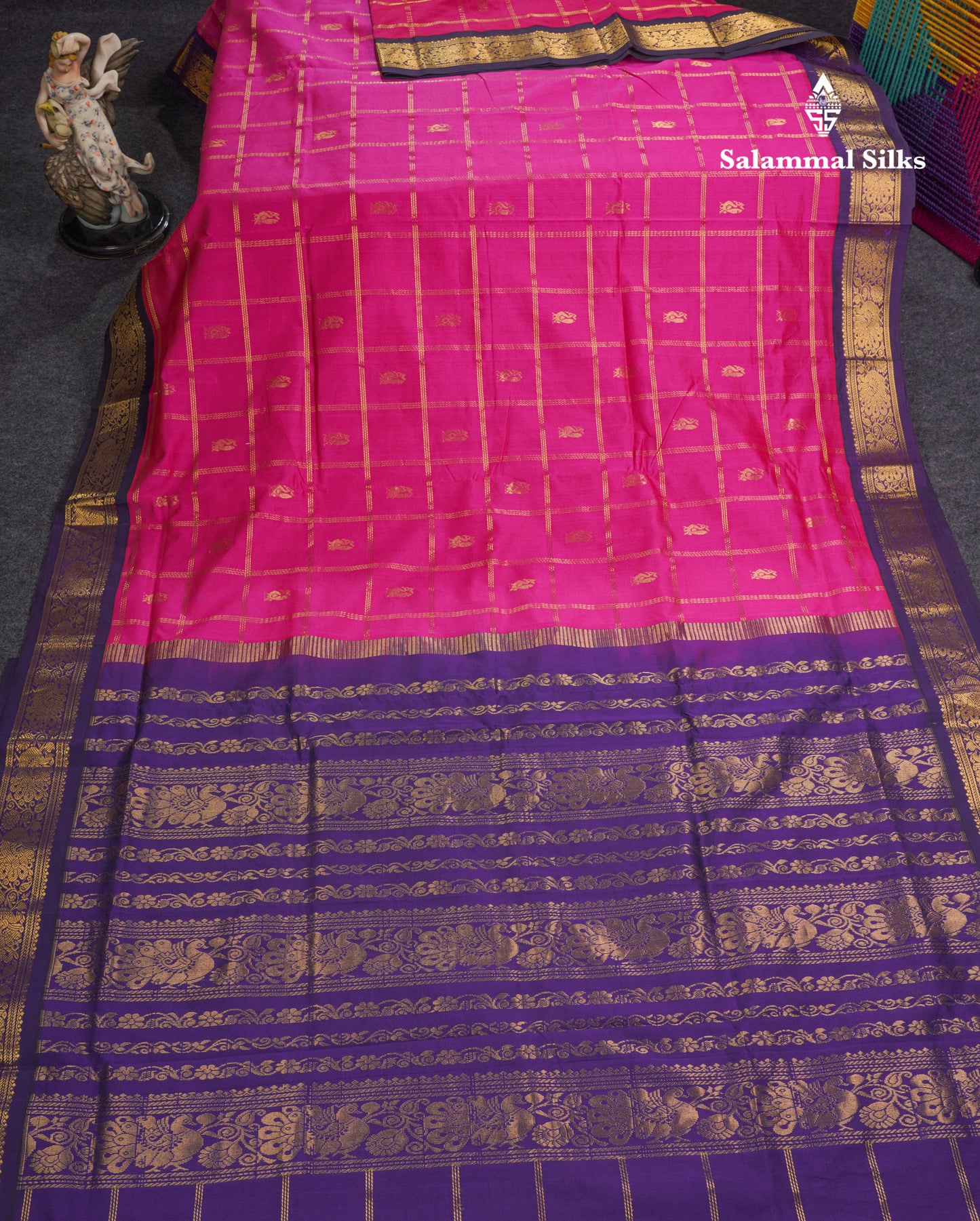 Magenta Pink  Beautiful Kattam Butta Semi Silk Cotton Saree With Violet Traditional Korvai Border