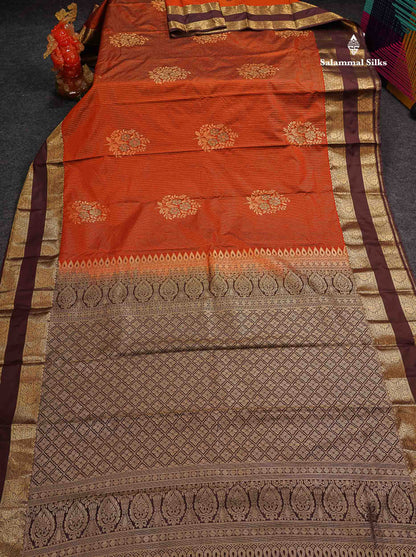 Beautiful Rust Orange Zari Line With Butta Semi Silk Saree With Contrast Dark Brown Traditional Gap Border