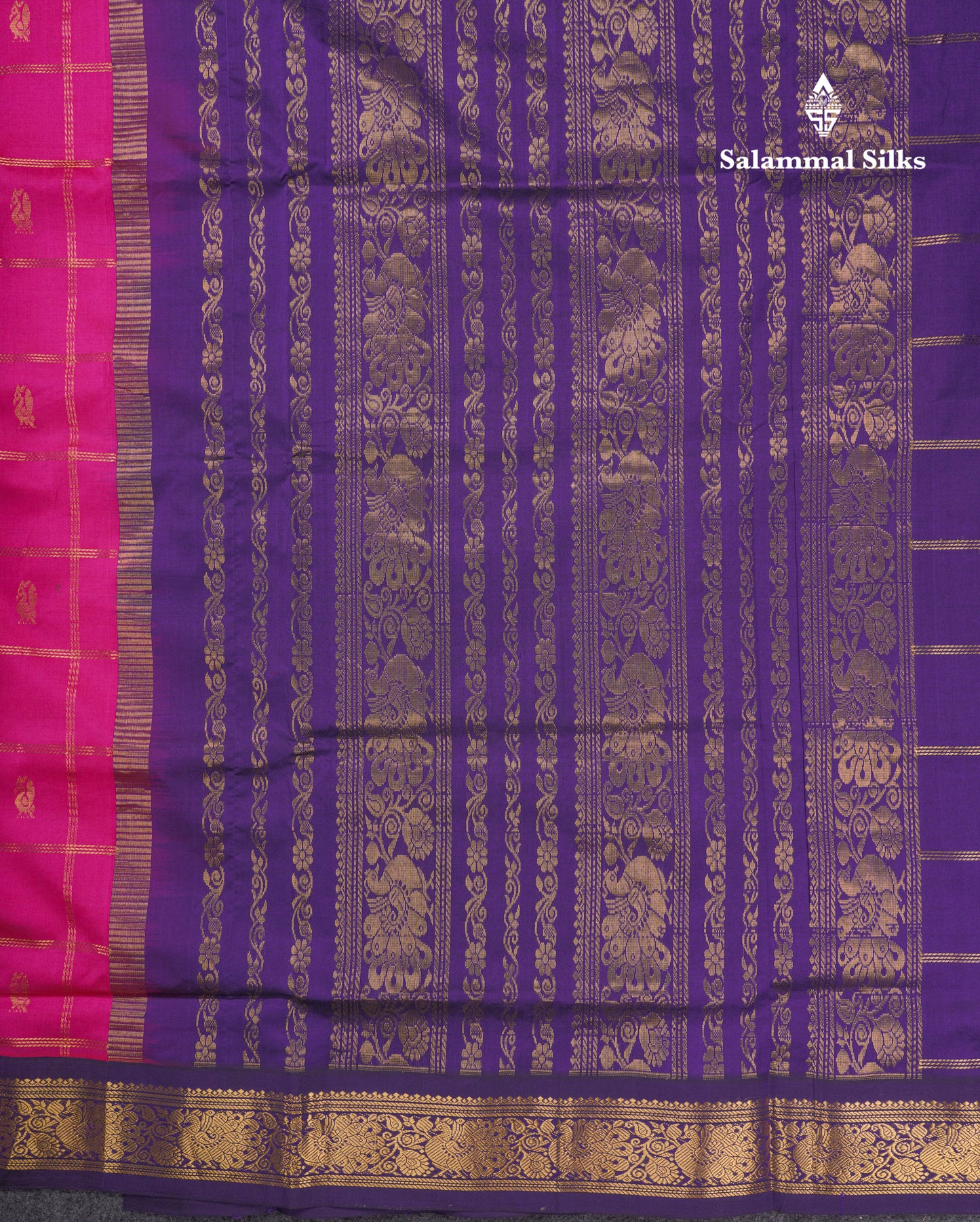 Magenta Pink  Beautiful Kattam Butta Semi Silk Cotton Saree With Violet Traditional Korvai Border